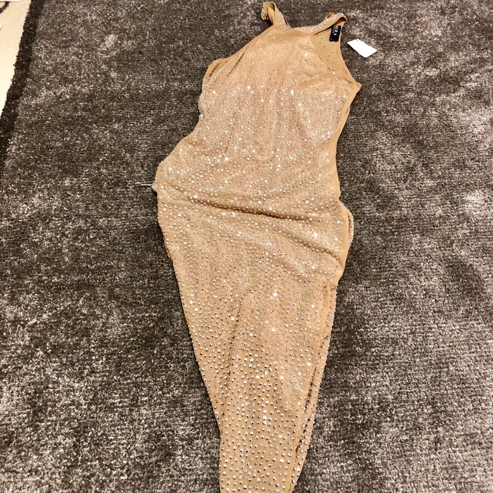 Nude rhinestone asymmetrical dress